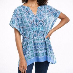Tommy Bahama Women’s Tunic Top L Blue Silk Cotton Boho Resort Chic